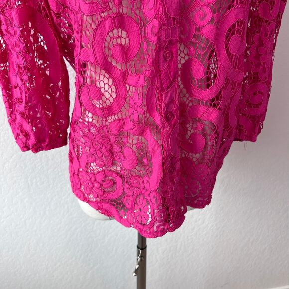 Saks Fifth Avenue Lace Button Up Collared Shirt Sheer 3/4 Sleeve Small Pink - Picture 4 of 13